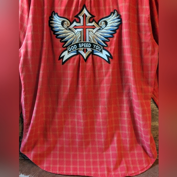 Upcycled Handcrafted Dip Dyed Bleached Red Plaid Button Down Shirt W God Speed - Picture 5 of 14